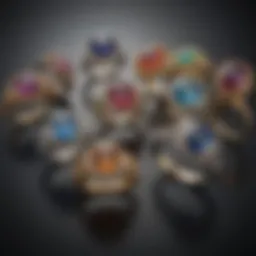 A collection of various ring styles displayed on a velvet surface