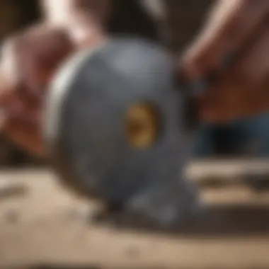 Rock polishing wheel in action with a stone