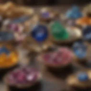 A vibrant market scene with various gemstones, emphasizing the trade of Ceylon sapphires.