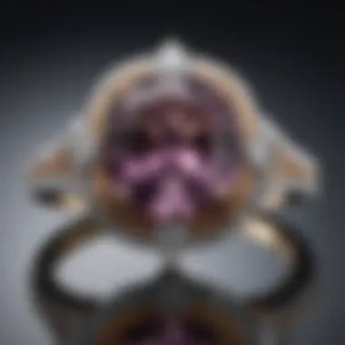 Close-up of a stunning poudretteite engagement ring showcasing its unique color and cut