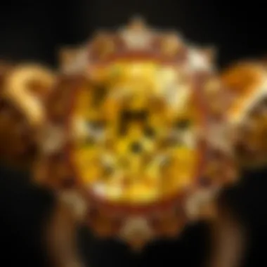 Close-up of a yellow diamond showcased in a luxurious setting