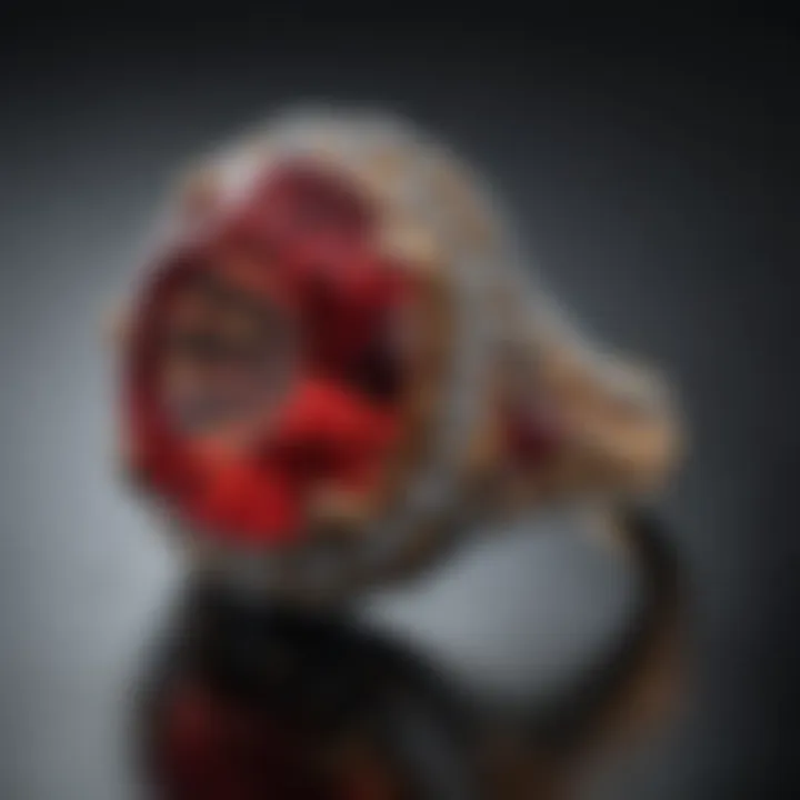 Close-up view of a stunning red beryl ring showcasing its vibrant hue and intricate design