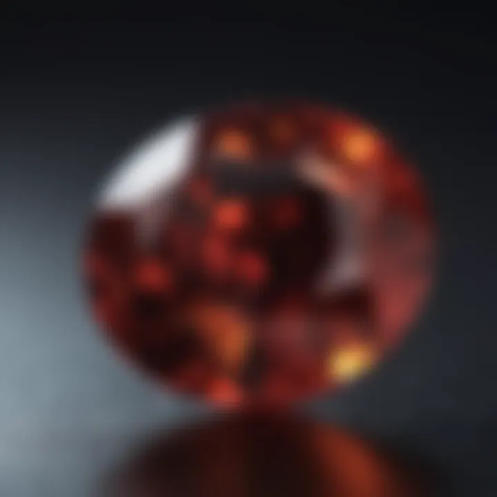 Close-up view of a garnet gemstone showcasing its deep red hue