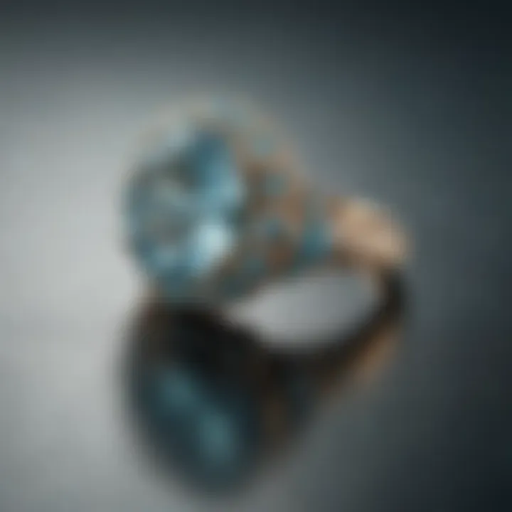 Close-up of aquamarine ring set in a Tiffany design