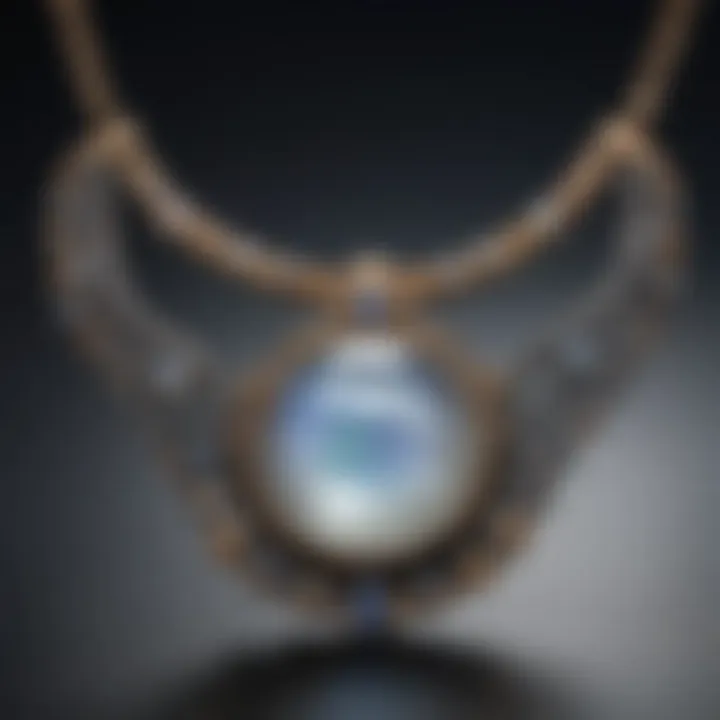 A close-up view of a moonstone necklace showcasing its unique iridescence and colors.