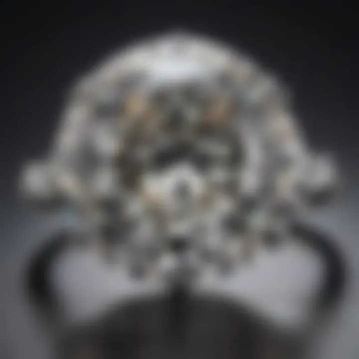 A close-up view of a sparkling three carat diamond ring on a reflective surface.