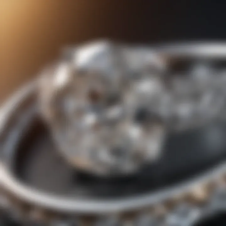 A close-up of a sparkling diamond ring with a ruler measuring its size