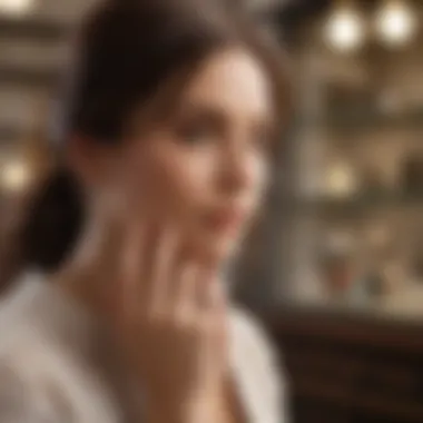 A satisfied customer looking at a resized ring in a jewelry store