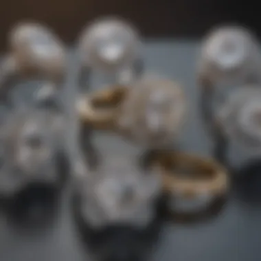 An elegant display of various styles of lab created diamond rings on a velvet background