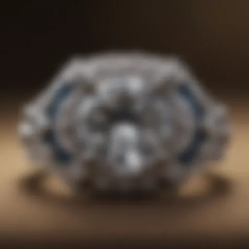 A detailed view of a sparkling diamond ring on a plush velvet background