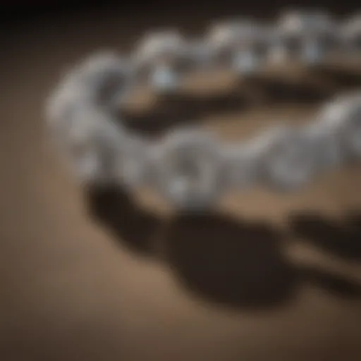 A close-up view of a diamond tennis bracelet showcasing the brilliance of the diamonds.