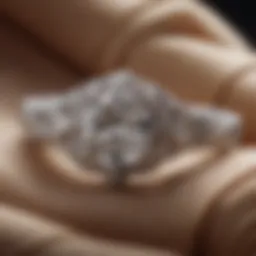 A close-up of a stunning diamond engagement ring on a plush fabric