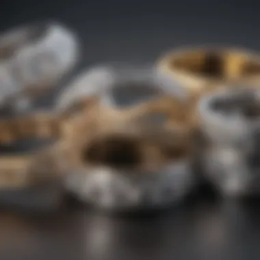 A collection of various wedding bands displayed on a reflective surface