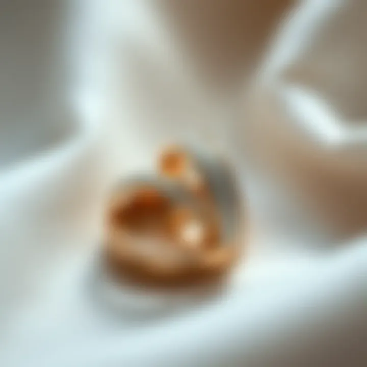 An elegant pair of wedding rings displayed on a soft fabric background