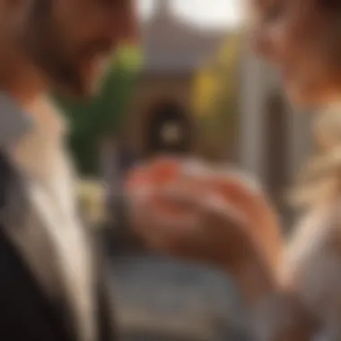 A couple exchanging rings during a wedding ceremony in a beautiful setting